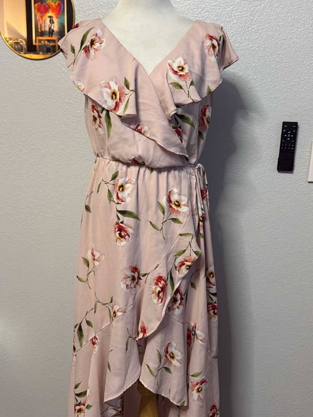 476-Soprano Light Blush Floral Dress with Green Leaf Accents